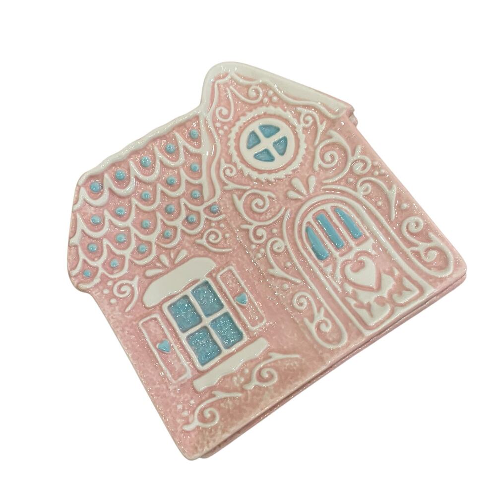 Godinger Pastel Pink Gingerbread House 6in Ceramic Appetizer Plates New - Picture 4 of 16